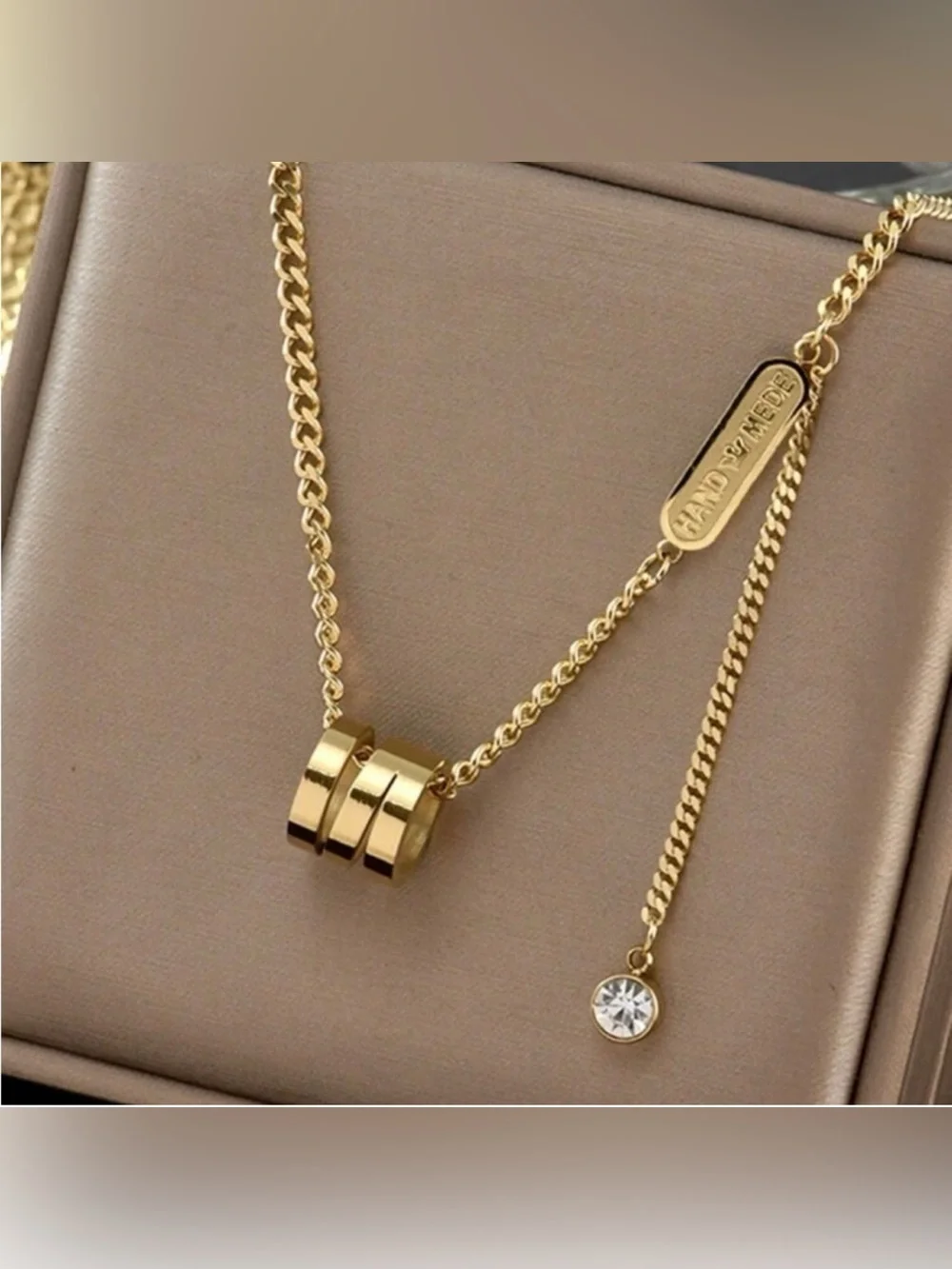 Gold Plated Stainless Steel three Ring Rhinestone Lariat Chain Necklace